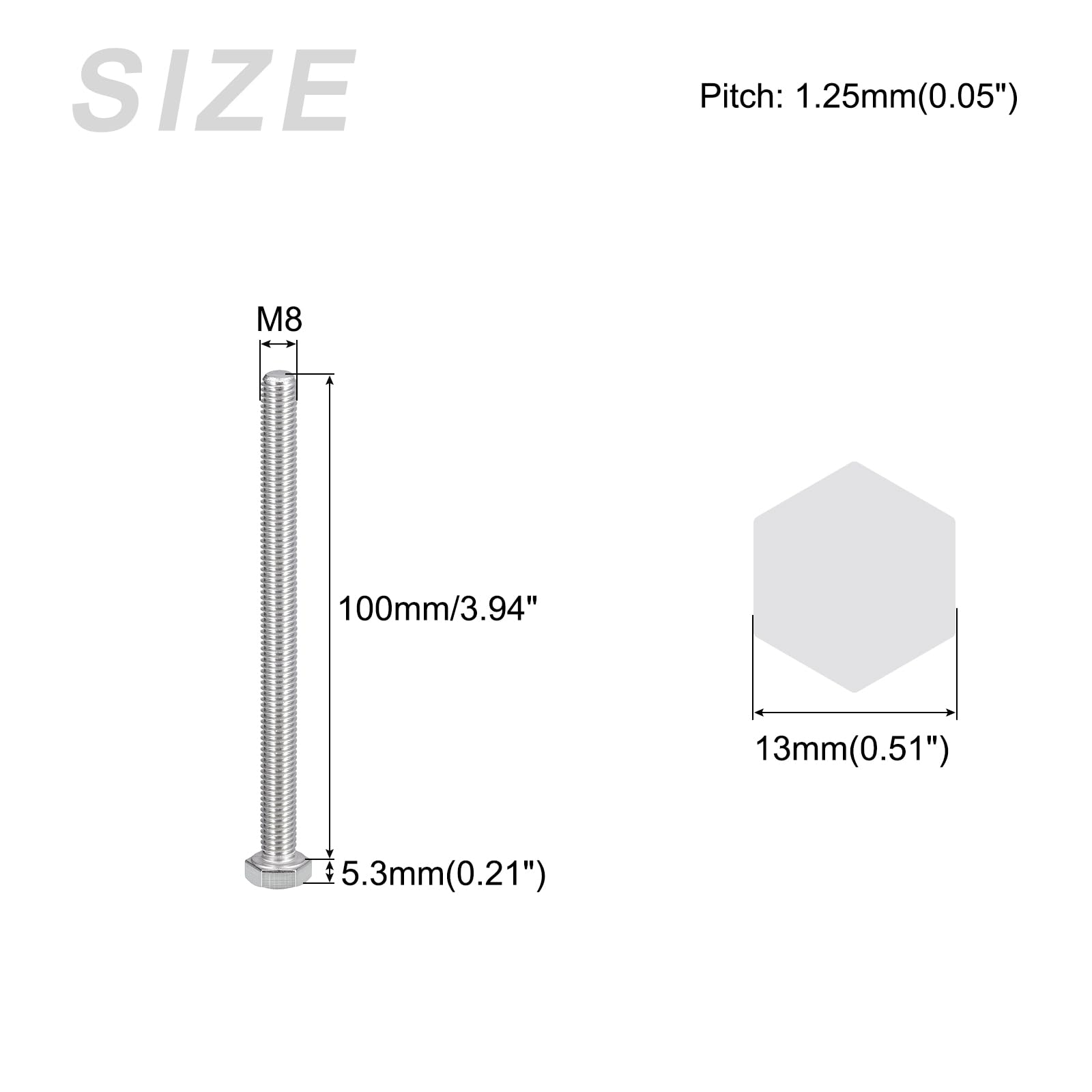 METALLIXITY Hex Bolts (M8-1.25x100mm) 8Pcs, 304 Stainless Steel Coarse Fully Threaded Hex Head Screw Bolt Machine Screws - Image 2