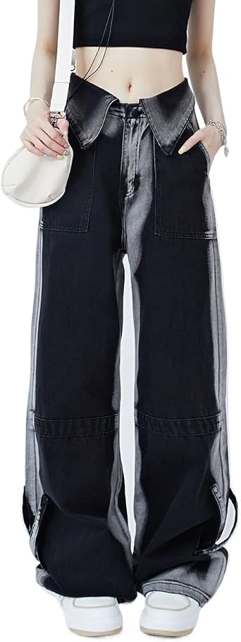 NCDUANSAN Gothic womens retro ruffled jeans, contrasting high waisted wide leg pants, street loose HIPHOP washed
