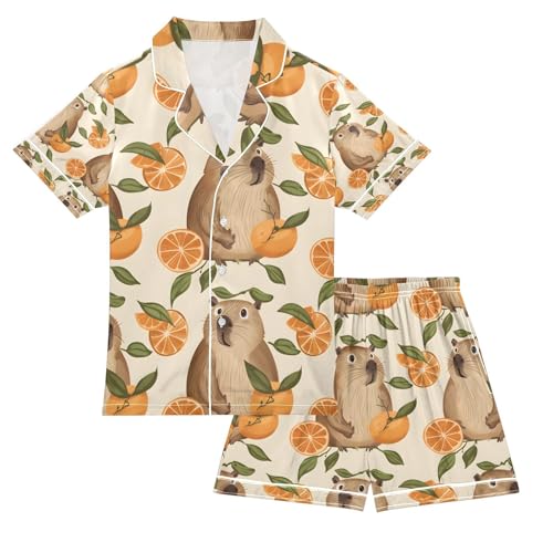 senya Cute Capybaras with Oranges Satin Summer Pajama Sets Silk Short Sleeve Button Down Sleepwear