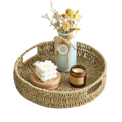 13 inch Round Wicker Tray, Hand-Woven Rattan Serving Trays with H...