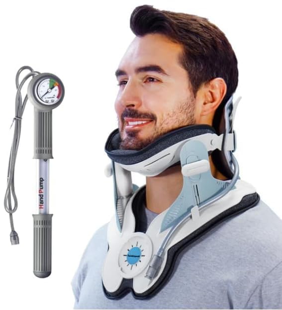 Tianfucen Cervical Neck Traction Device Lightweight & Portable Neck Support Adjustable Air Pump Inflatable Built-in 8 Airbag Light Blue