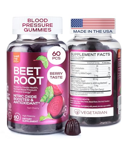 Beet Chews for High Blood Pressure - Beet Root Gummies Made in USA with Tart Cherry - Nitric Oxide Supplements for Energy and Cardio Health - Vegan, No GMO, Pectin Based - for Women and Men, 60 Pcs
