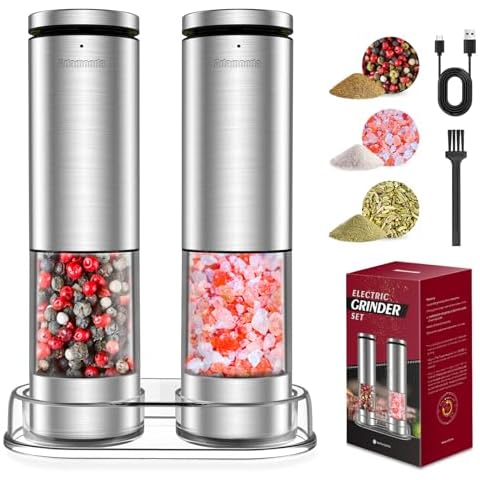 Stainless Steel Rechargeable Lighted Electric Salt and Pepper Grinder Set with Adjustable Coarseness,One Hand Operation Automatic Salt and Pepper Mill Grinder Shakers,2 Packs Cover
