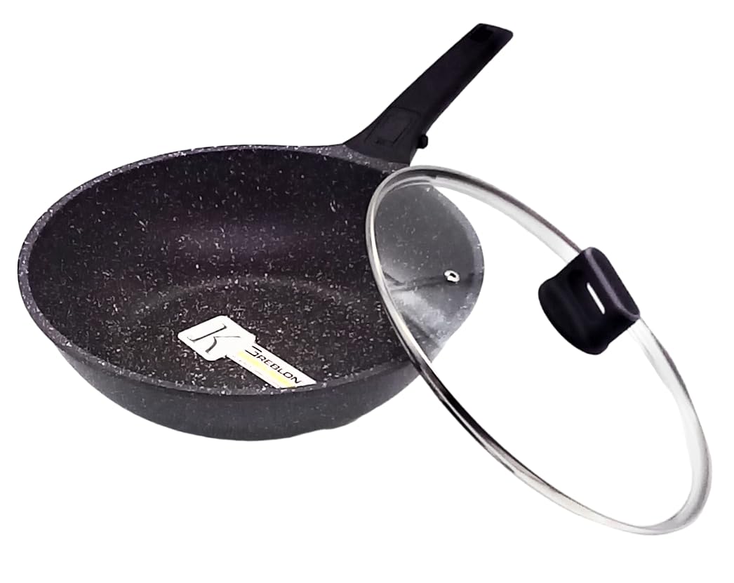 Stufe Wok in pietra con coperchio di alta qualità anti-aderente compatibile con tutti i fuochi 100% induzione adatta al forno grazie al manico rimovibile Ø 28 cm grigio maculato