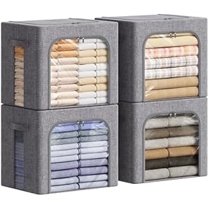 Lifewit Clothes Storage Bins with Metal Frame, Stackable Storage Box, Foldable Clothing Storage Bins with Lids, 40L Storage Bags Fabric Box Organizer with Clear Window＆ Zippers＆ Sturdy Handles 4 Pack