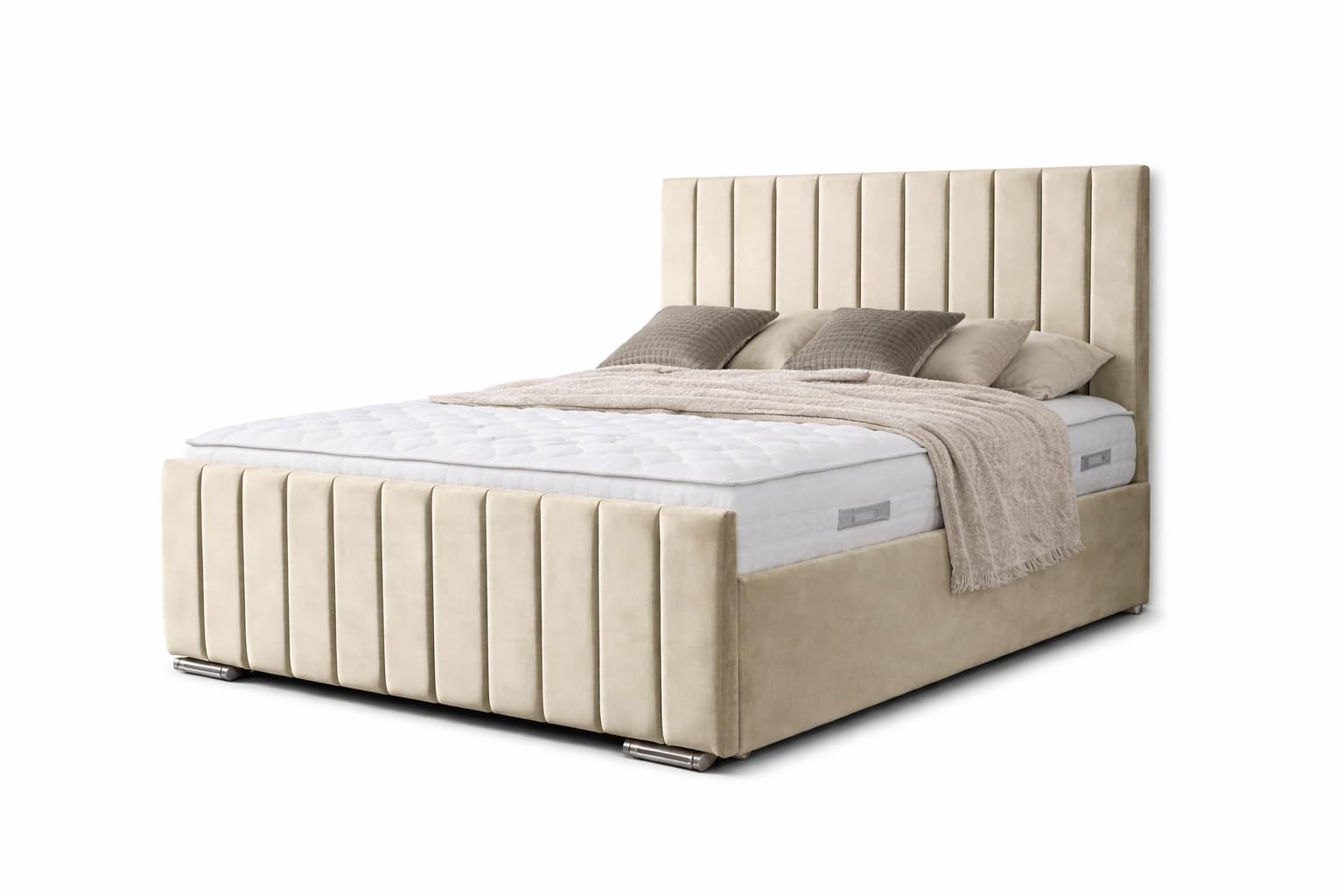 Plush Divan Bed Frame with Storage, 46-Inch Upholstered Headboard, 20-Inch Footboard, Contemporary Design, Small Double (Cream, 3ft)