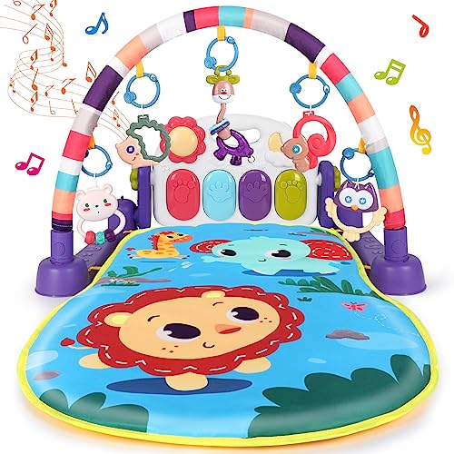 Image of UMIKU Baby Gym Play Mats Tummy Time Mat Musical Activity Center for Newborn Infant Folding Design Piano Music & Light Newborn Infant Gifts for Baby Toys 0-3 6 9 12 Months, Animal Style