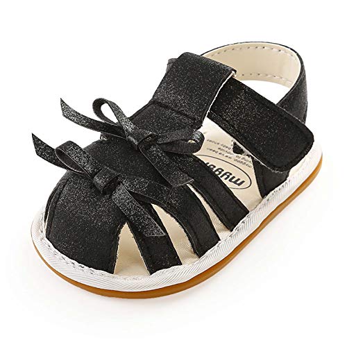 SOFMUO Baby Girls Boys Sparkly Bowknot Sandals Premium Soft Anti-Slip Rubber Sole Infant Summer Outdoor Shoes Toddler First Walkers(Black,6-12 Months)