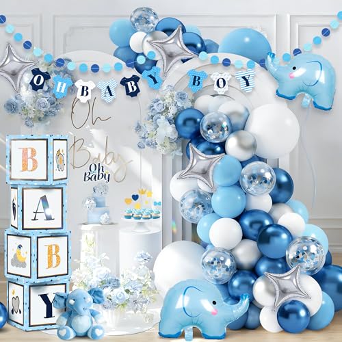 Image of 149 pcs Baby Shower Decorations for Boy, 4 Pcs Balloon Boxes,Elephant Foil Balloons, Blue Elephant Theme Baby Shower Decorations Gender Reveal Party Supplies