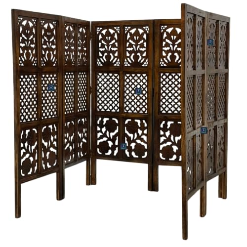 Image of Wooden Room Partition Screen with Burnt Wood Finish | Hand Buffed Traditional Handicraft Room Divider | Indoor Room Separator | Puja Room Divider (6 Panel 4 Feet)