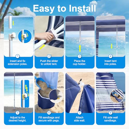 PUIPUM Beach Cabana Tent with Sun Shade - 8'×8' Large Beach Canopy Tent with Side Wall, 2 Cup Holder & Adjustable Height, Portable & Foldable Canopy for Camping/Patio/Parties/Garden/Backyard by PUIPUM - Used condition - Image 8