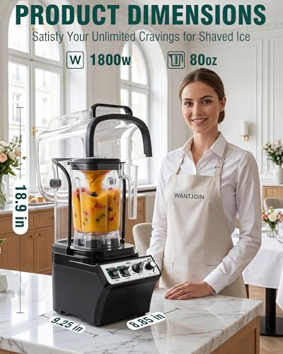 Image of WantJoin Commercial Blender- 80Oz Quiet Smoothie Blender with Soundproof Shield, Professional Ice Crusher Heavy Duty with Self-Cleaning, High-speed Ice Drink Maker for Restaurant Bars Cafe Home