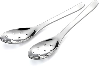 AOOSY Small Slotted Spoons,Modern Stylish Thick Heavy-weight Short handle Stainless Steel 10 Holes Durable Caviar Spoon for Soup Cereals Dips Curry Sauces Stews, Set of 2