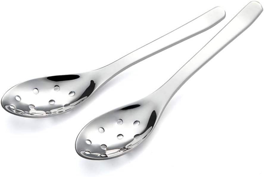 AOOSY Small Slotted Spoons,Modern Stylish Thick Heavy-weight Short handle Stainless Steel 10 Holes Durable Caviar Spoon for Soup Cereals Dips Curry Sauces Stews, Set of 2