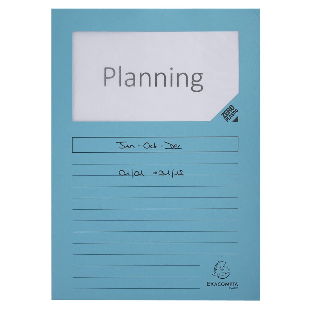 Exacompta - Réf. 50100E - Paquet de 100 chemises à fenêtre sans plastique Forever® 120 g/m² - couleurs vives - 100% recyclées et certifiées Ange Bleu - dimensions 22x31cm pour A4-10 couleurs assorties
