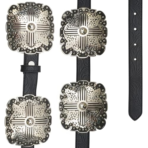 Ladies Black Floral Embossed Leather Belt with Antique Silver Tone Square Conchos, Removable Buckle3