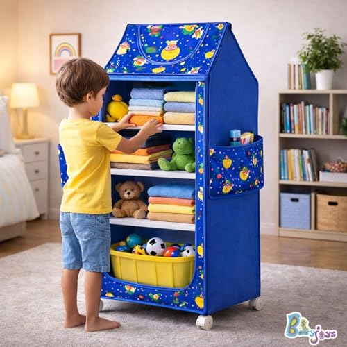 Image of Multipurpose Baby Wardrobe Organizer with 4 Shelves | Baby Clothes Organizer & Storage | Baby Almirah /Almera Plastic Cupboard for Clothes, Foldable (Unbreakable Material) | Royal Blue