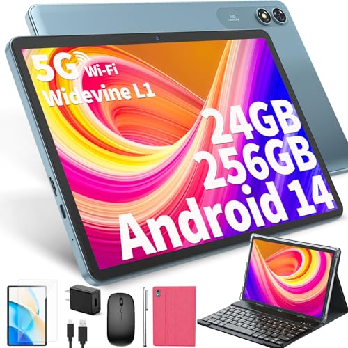 JJGJ Android 14 Tablet mit Tastatur, 10 Zoll mit 24GB+256GB, 1TB Expand, 8-Core, 8000mAh, 5G WiFi, Widevine L1, GMS, Gesichtserkennung, 2 in 1 Tablet mit Tastatur, Maus, Stylus(Rosa)