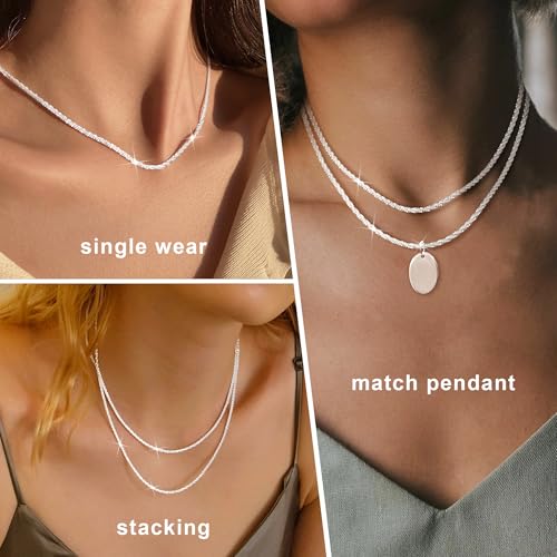 CASSIECA 2 Stück Silber Halskette Layered Sterling Silber Stapelbare Kette Glänzende Diamantschliff Popcorn-Kette für Frauen Mädchen