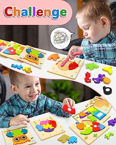Image of Wooden Toddler Puzzles Gifts Montessori Toys for 1 2 3 Years Old Boys Girls | 12 Vehicle Shape Puzzles, Boy Birthday Gift, Montessori Toys Educational Blocks for Toddlers 1-3, 2-4, Baby Learning Toys
