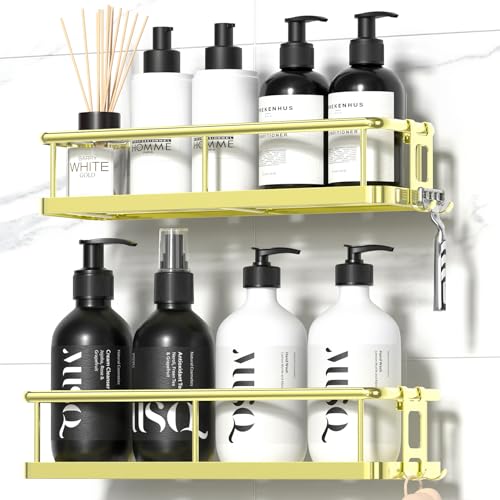 YASONIC Shower Caddy Adhesive, No Drill Bathroom Shower Organizers, with Removable Hooks, Rust Proof Shower Shelves, Wall-Mounted Shower Holder, 2 Pack Gold