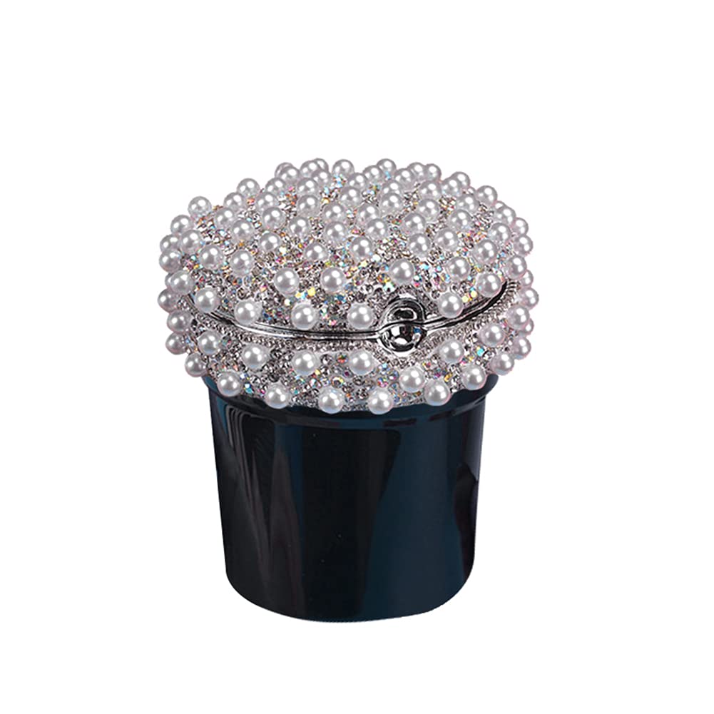Pearls Inlaid Car Ashtray, Portable Car Ashtray with Lid and LED Light Crystal Car Accessories Windproof Trash Can Car Interior Decoration for Car Vehicles Home Office (Black)