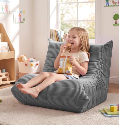 Image of Hobestluk Small Bean Bag Chair Faux Fur Fabric BeanBag Couch for Playroom | Grey Corduroy,Ergonomic Design,Memory Foam,Strong Supportive,No Assembly Required,Decorative Style for Living Room Bedroom