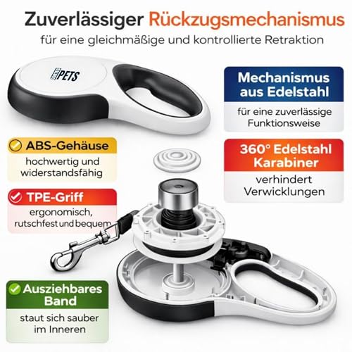 CORTES PETS Rollleine Hundeleine für mittlere und große Hunde 5m - bis 50kg - Ausziehbar mit Bremsknopf - Ausziehleine mit Kotbeutelhalter Ink 15 Beutel - EIN-klick-Befestigung - Flexi ble Leine Hund