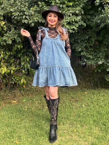 Women Denim Cami Dress Tie Shoulder Ruffle Hem Short Dresses Babydoll Wash Jean Sundress with Pocket2