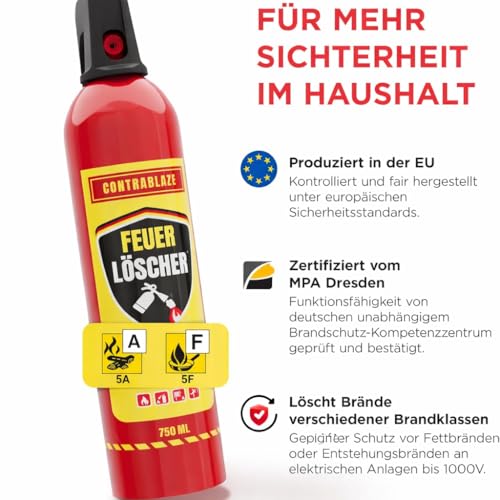 CONTRABLAZE Feuerlöschspray 750ml für mehr Sicherheit im Alltag - Idealer Fettbrandlöscher für die Küche - Perfekt geeignet als Feuerlöscher Haushalt - Löschspray sofort & sicher einsatzbereit