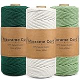 YGVQN Corda Macramè 3mm x 100m, Set 3 Filo di Cotone Naturale Verde Scuro, Verde Chiaro e Beige, Per Piante Sospese, Decorazione Boho, Natale, DIY Artigianato e Regali Fatti a Mano