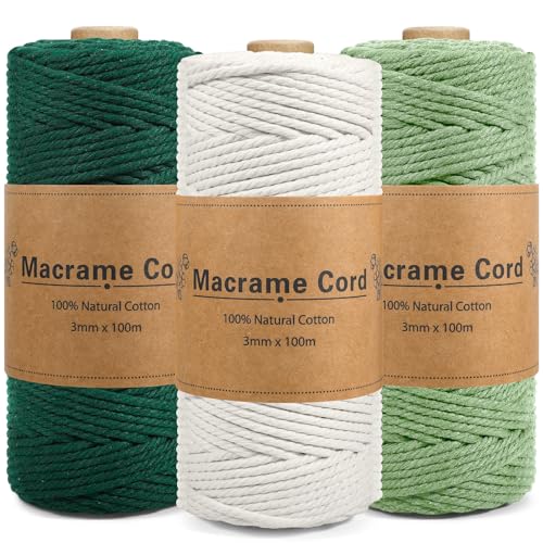 YGVQN Corda Macramè 3mm x 100m, Set 3 Filo di Cotone Naturale Verde Scuro, Verde Chiaro e Beige, Per Piante Sospese, Decorazione Boho, Natale, DIY Artigianato e Regali Fatti a Mano