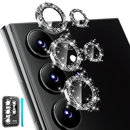 CloudValley [3+2Pcs for Camera Lens Protector Samsung Galaxy S23 Ultra 9H Tempered Glass + Aluminum Alloy Metal Individual Lens Screen Ring for S23 Ultra 6.8in 5G 2023 [Removal Tool] - Glitter Black