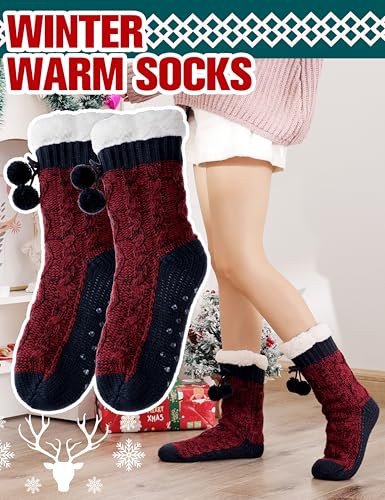 Image of Welwoos Womens Slipper Fuzzy Grips Socks Fluffy Winter Warm Thick Thermal Cozy Plush Non Slip Cabin Soft Fleece Socks