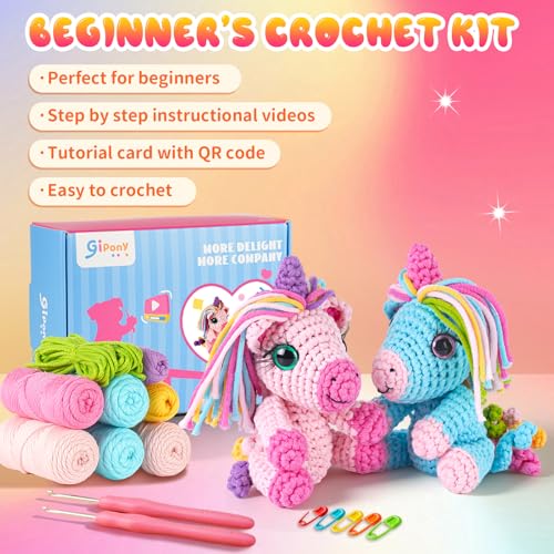 Image of Gipony Crochet Kit for Beginners Animal,Crochet Animal Kits,Crocheting Kit for Starters,Learn to Crochet with Step-by-Step Video Tutorials,Beginner Crochet Kits for Adults(2 Pack Unicorn​)