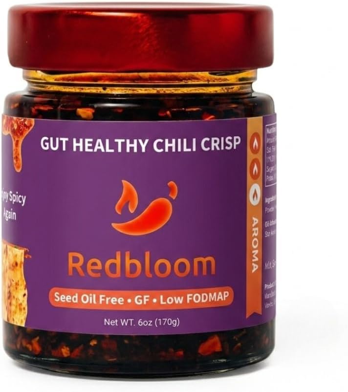 Redbloom Gut-Healthy Chili Crisp, Premium Avocado Oil & Lion’s Mane, Medium | Authentic Chili Oil, Seed Oil-Free, Low-Fodmap, GF, Vegan, Crunchy Hot Sauce w/ Prebiotics, Good on Everything, 6oz (1 Pack)