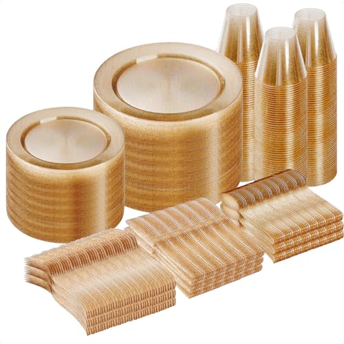 Goodluck 600 Piece Gold Glitter Disposable Plates for 100 Guests, Plates for Party, Wedding,...