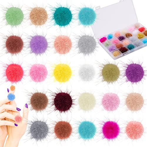 FEQO 24 Pieces Nail Pom Pom 3D Detachable Nail Pom Fluffy Balls Faux Fur Balls with Removable Base Pom Charm for Nail Art Design Nail Tip Decoration (Light Color)