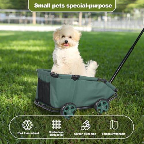 Mini-Hundewagen für Mini-Haustiere, faltbarer multifunktionaler Einkaufswagen mit ausziehbarem Ziehgriff Im Freien, Wagon eingebautem Kissen und Sicherheitsseil mit Aufbewahrungstasche (Dunkelgrün)