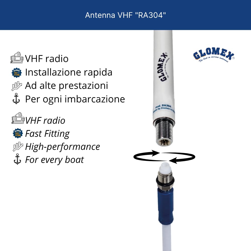 Glomex – Antenna VHF Glomeasy Compatta 25cm (Fibra di Vetro), Modello RA304 – Fast Fitting FME, 3dB, Kit per Testa d'Albero, KIT Per barche a vela – Installazione Rapida e Performante