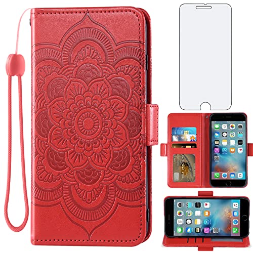 Asuwish Compatible with iPhone 6plus 6splus 6/6s Plus Wallet Case and Tempered Glass Screen Protector Flip Card Holder Cell Phone Cover for iPhone6 6+ iPhone6s 6s+ i 6P 6a S Six iPhone6splus Women Red