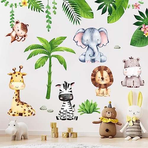 Mfault Baby Jungle Safari Animals Wall Decals Stickers, Cartoon African Elephant Zebra Monkey Lion Giraffe Seahorse Nursery Decorations Toddler Bedroom Art, Tropical Plant Kids Room Decor