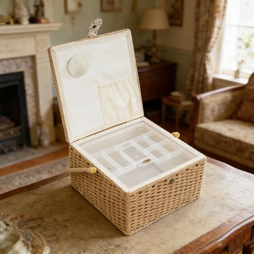 HOLMZCED Vintage Sewing Basket, Floral Print Design Sewing Box with Large Capacity Portable Sewing Kit Storage Basket with Tray for Sewing Supplies - Thumbnail 4