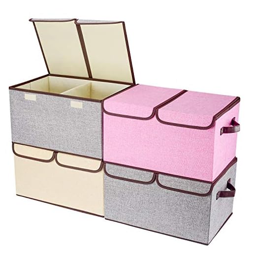 Larger Storage Cubes [4-Pack] Senbowe Linen Fabric Foldable Collapsible Storage Cube Bin Organizer Basket with Lid, Handles, Removable Divider For Home, Nursery, Closet - (16.5 x 11.8 x 9.8”)