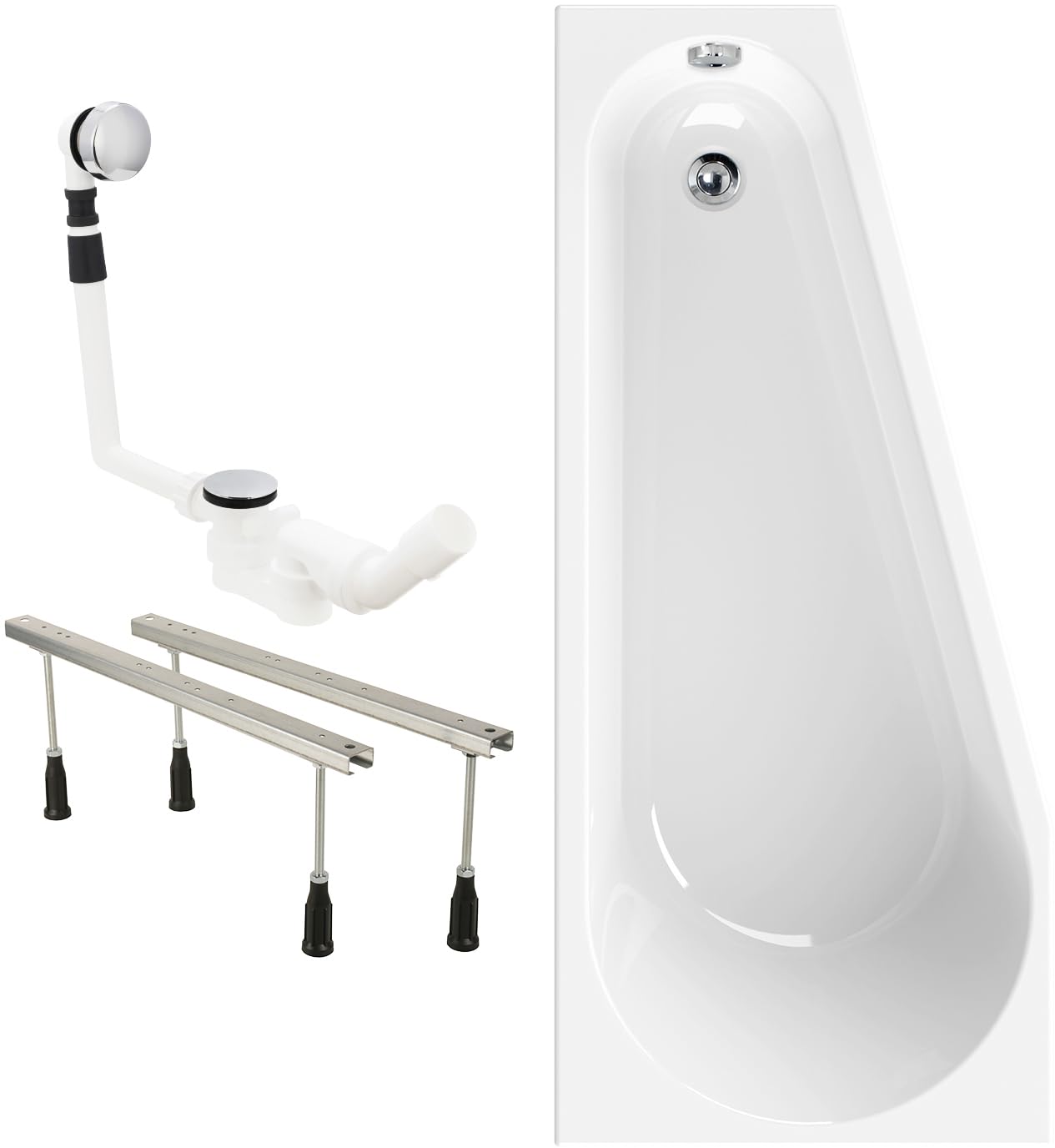 Calmwaters Eckbadewanne Essential Small, 160x70 cm, rechts – Made in EU (3in1 Acryl-Badewanne mit Füßen und Ablaufgarnitur)