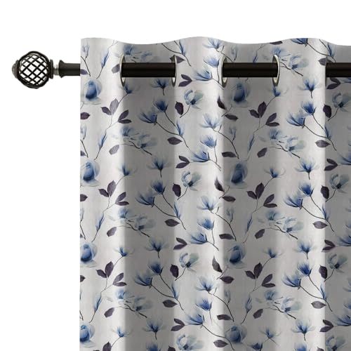 Image of LINENWALAS 100% Blackout Curtains for 6 Feet Window | Set of 2 | Aesthetic Tulip Prints| Thermal Insulated, Room Darkening Drapes with Grommet Hanging Style for Living Room & Bedroom (Blue Tulip)
