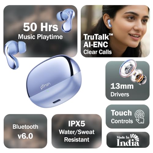 Image of pTron Bassbuds Tango in-Ear TWS Ear Buds w /Custom EQ, 50hrs Playtime, Pristine Sound, Dual Mic, TruTalk ENC Calls, Mobile App, Wireless Bluetooth V6.0,Touch Controls,Type-C Charging, IPX5 (Light Blue)
