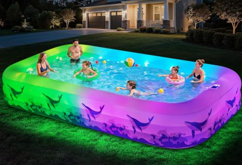 Large Inflatable Pool with Light 12TF x 6.5TF Inflatable Swimming Pool for Kids Adults Solar Powered Blow Up Pool Oversized Thickened Family Kiddie Pool for Backyard Outdoor