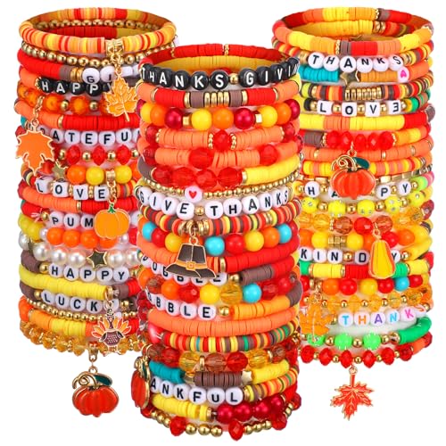Henoyso 62 Pcs Fall Clay Beaded Bracelets Thanksgiving Friendship Bracelets Bulk for Women, Autumn Stackable Vinyl Disc Elastic Layering Surfer Heishi Stretch Wristband for Party Favor Supplies Gifts