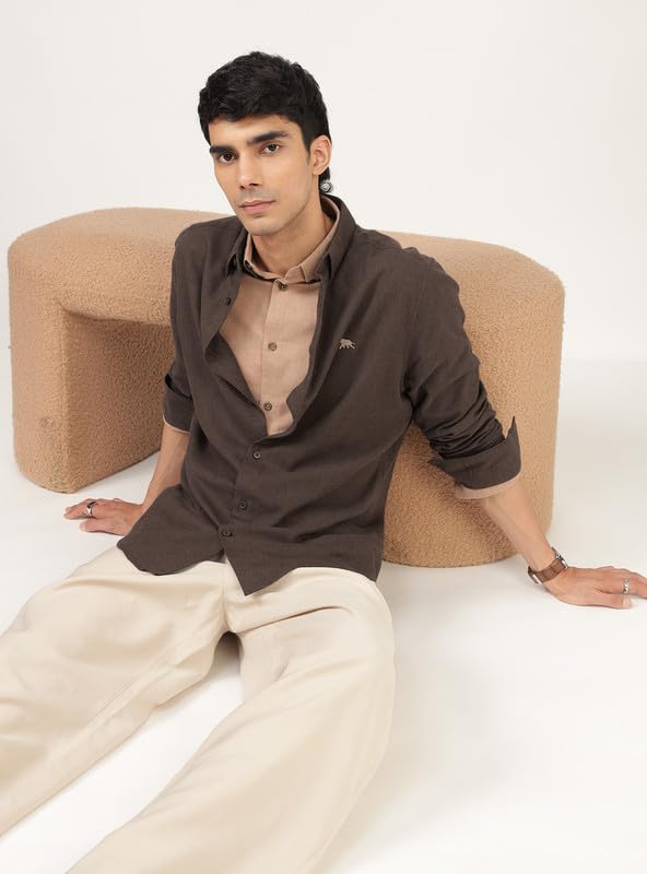 Image of Andamen Men Premium Button-Down Collar Solid Cotton Casual Shirt Navy